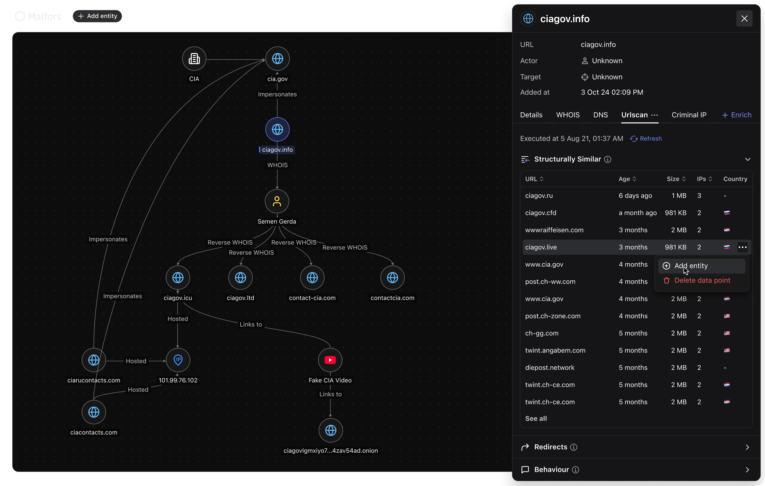 The image shows a cyber threat intelligence platform called Malfors with a graph-based interface. The graph visualizes relationships between domains and entities; and enrichment panel.